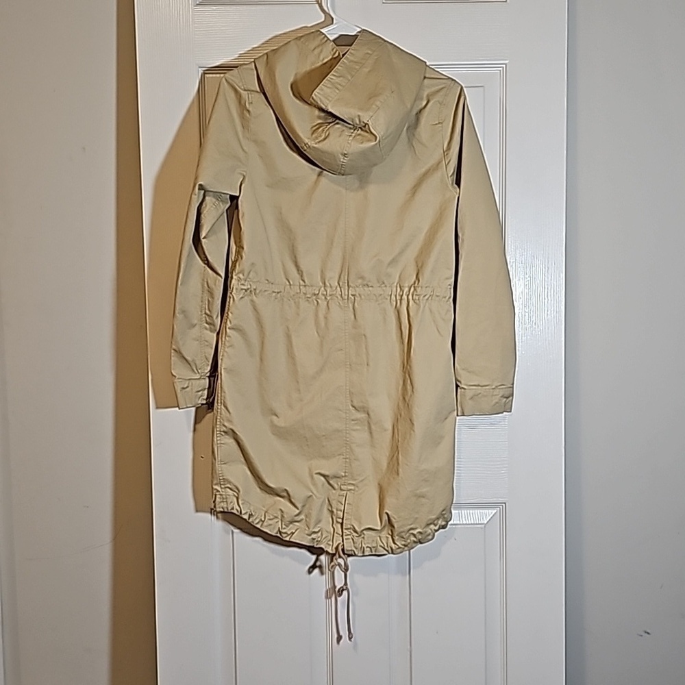 Love Tree Beige Cinched Trench Coat Jacket Zip Button Hood Pockets Cotton Size S - Picture 6 of 10